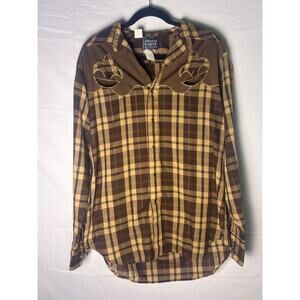DeeCee Rangers Brown Plaid Button Up Western Shirt Long Sleeve 16-16.5 Large